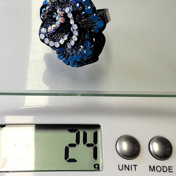 Statement Blue Rhinestone floral Ring with Adjustable Band - Picture 6 of 8